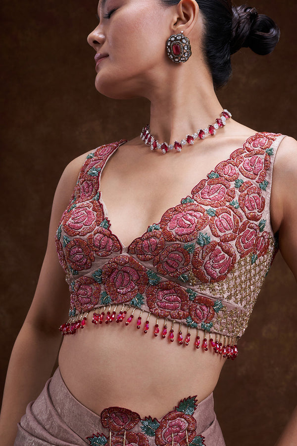 Rose Gold Floral Embellished Drape Skirt Set