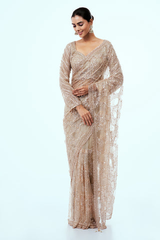 Rose Gold Net Saree with Cutdana Work
