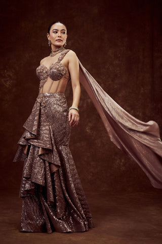 Copper Sequin Indo-Western Mermaid Gown with 3D Flower Work