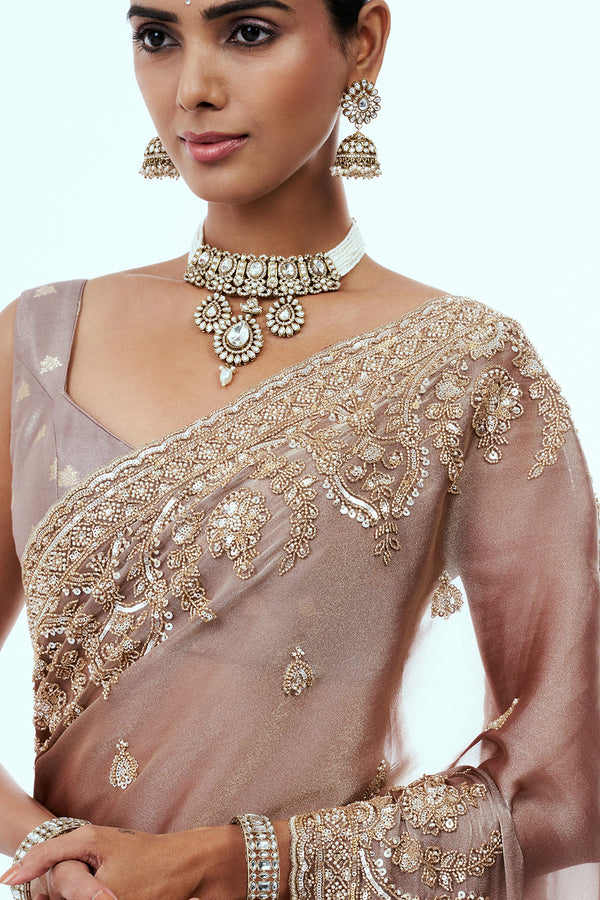 Rose Gold Shimmer Organza Saree with Bead Work