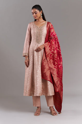 Rose Gold Brocade Anarkali Suit with Crimson Red Dupatta