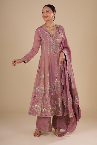 Rose Mauve Silk Blend Kurta Set with Zari and Sequins Handwork
