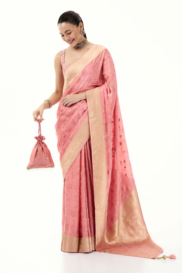 Rose Pink Art Silk Brocade Saree with Floral Motifs