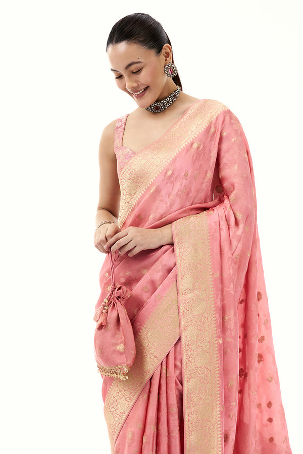 Rose Pink Art Silk Brocade Saree with Floral Motifs
