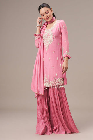 Rose Pink Chinon Sharara Suit with Pearl and Sequin Work