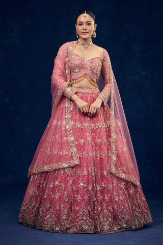Rose Pink Net Lehenga with Cutdana and Sequin Handwork