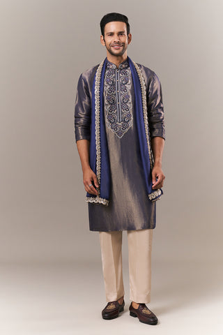 Royal Blue Brocade Silk Mens Kurta Set with Dori and Sequin Work