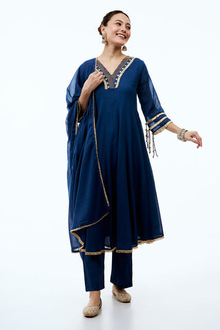 Royal Blue Cotton Semi-Anarkali Suit with Gold Beads and Resham Embroidery