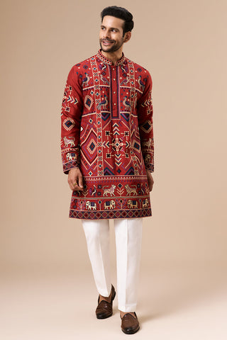 Rust Cotton Silk Mens Kurta Set with Multicolour Thread Work