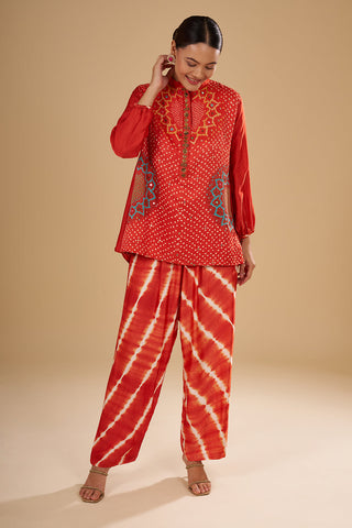 Rust Orange Modal Satin Bandhani Tunic Set with Mirror and Sequin Highlights