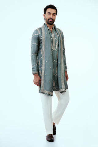 Sage Green Nokia Silk Mens Kurta Set with Mirror and Zari Work