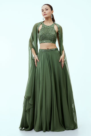 Sage Green Organza Lehenga with Handwork Blouse and Cape