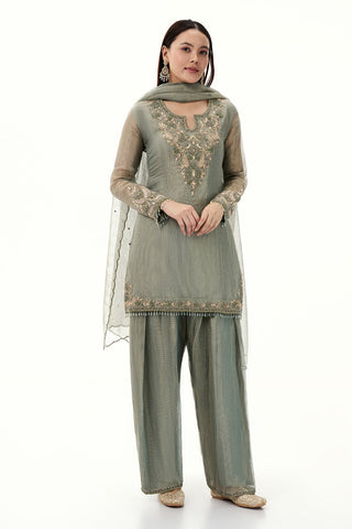 Sage Green Tissue Suit with Zardosi and Resham Work