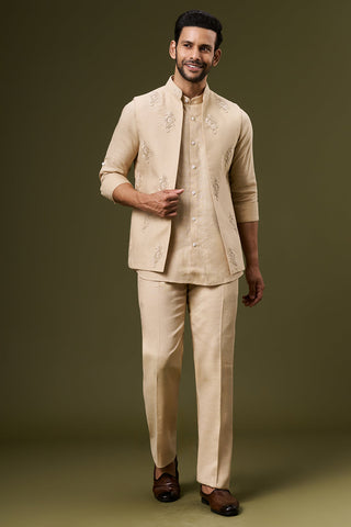 Sand Beige Linen Embroidered Bundi Set with Thread Work