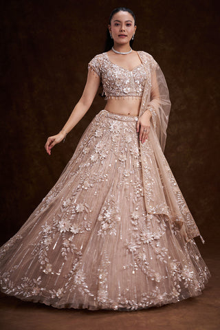 Sand Gold Net Bridal Lehenga with 3D Floral Embellishments