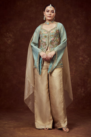 Sea Green Embroidered Longline Jacket with Golden Palazzo Pants