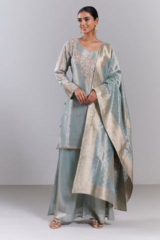 Dusty Blue Silk Blend Kurta Palazzo Set