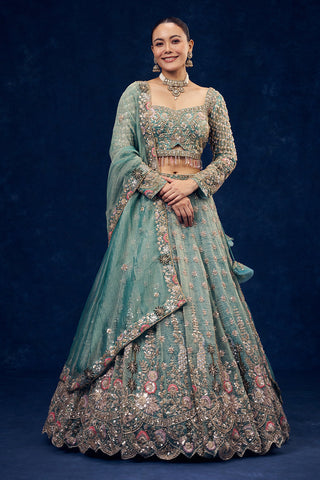 Sea Green Tissue Lehenga with Resham and Cutdana Hand Work