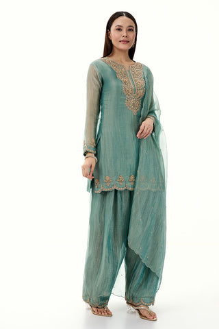 Sea Green Tissue Suit with Zardosi and Zari Work