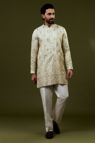 Shiny Cream Shimmer Soft Tissue Mens Kurta Set with Sequins Threadwork