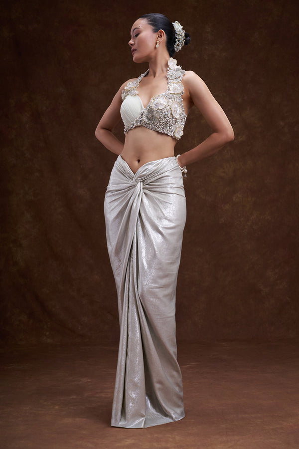 Silver Grey Shimmer Satin Draped Skirt Set