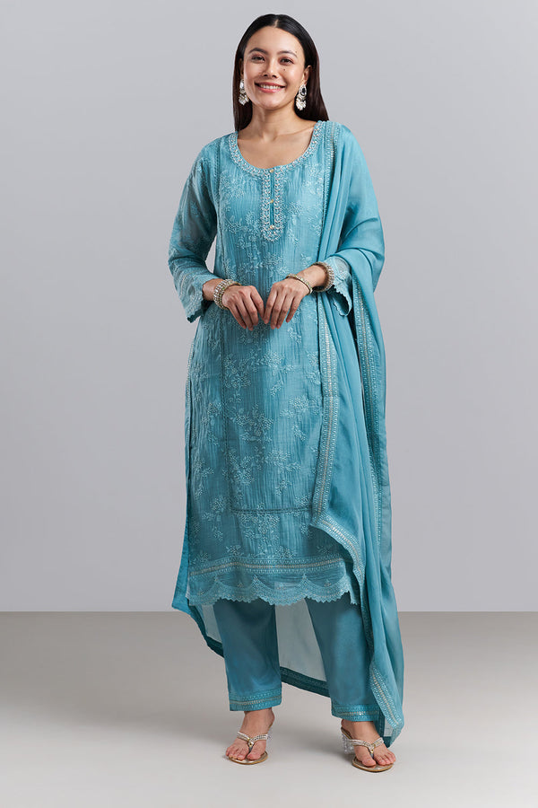 Sky Blue Chikankari Embroidered Kurta Pant Set with Dupatta