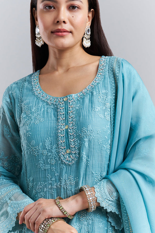 Sky Blue Chikankari Embroidered Kurta Pant Set with Dupatta