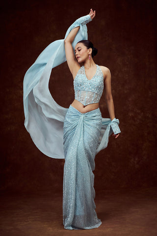 Sky Blue Indo Western Cowl Skirt with Halter Crop Top