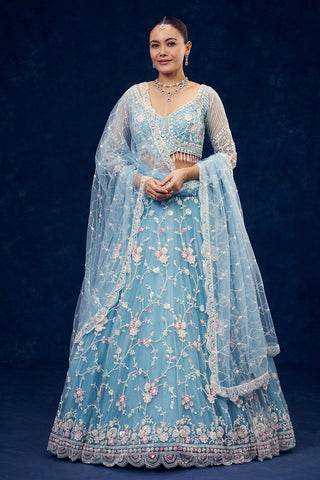 Sky Blue Net Lehenga with Cutdana and Resham Hand Work