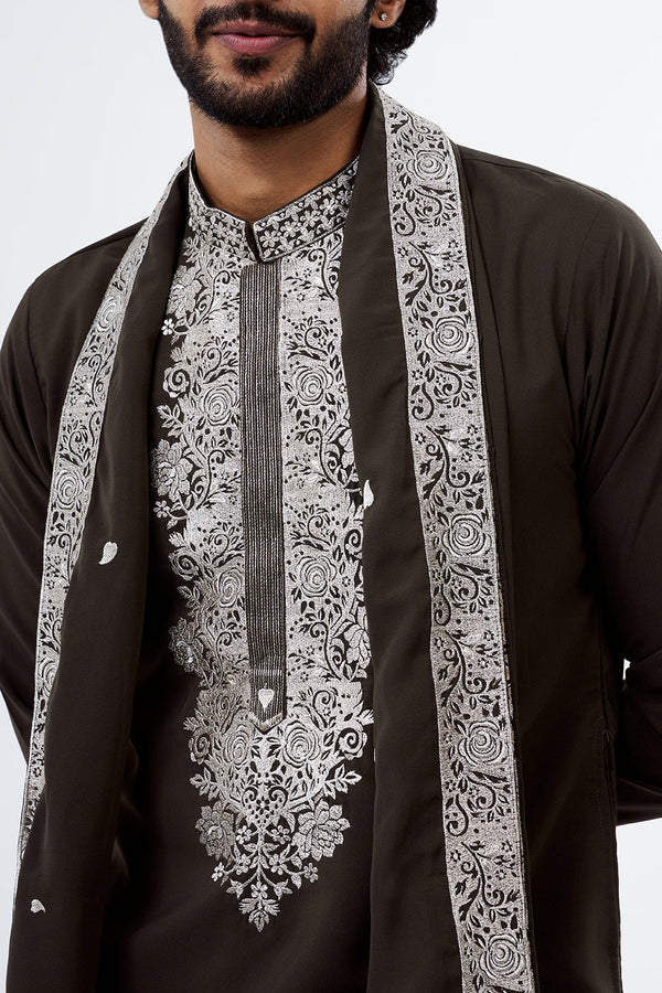 Slate Grey Zari Work Polyester Cotton Men's Kurta Set