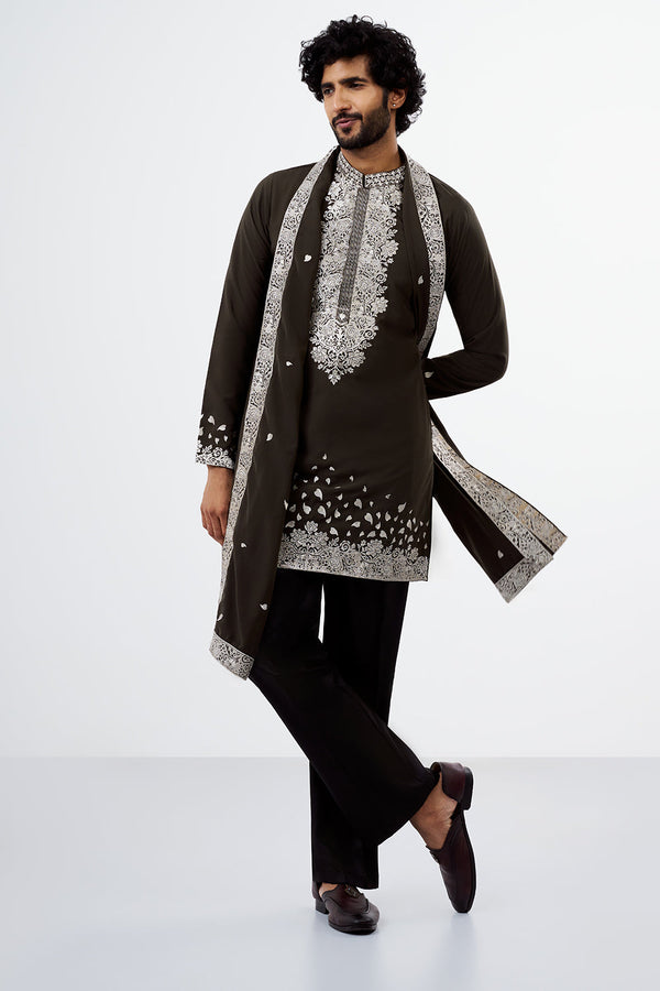 Slate Grey Zari Work Polyester Cotton Men's Kurta Set