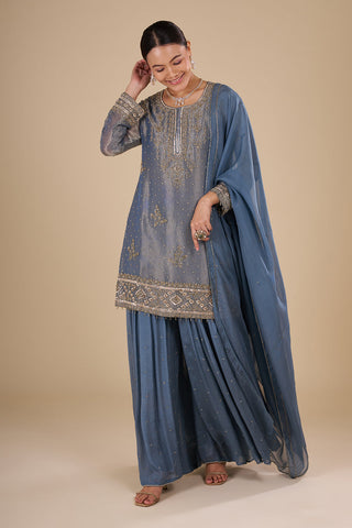Steel Blue Silk Blend Kurta Sharara Set with Zari Handwork