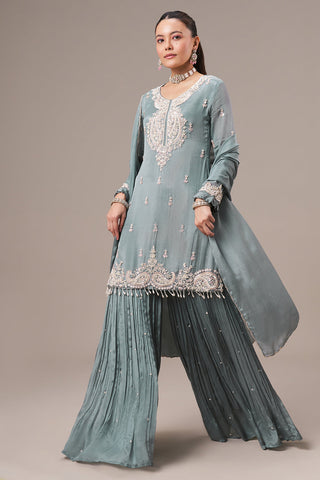 Steel Grey Chinon Sharara Suit with Pearl and Sequin Work