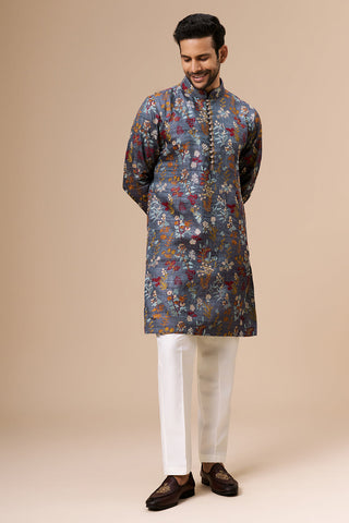 Steel Grey Tussar Mens Kurta Set with Multicolour Thread Work