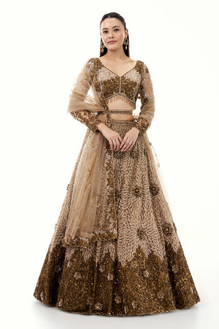 Taupe Golden Multi Lehenga with Sequins and Cutdana Embroidery