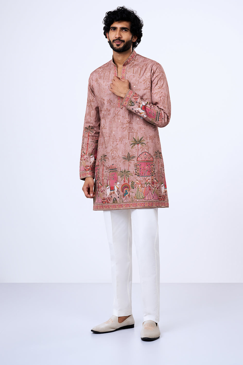 Taupe Polyester Cotton Heritage Procession Printed Kurta Set