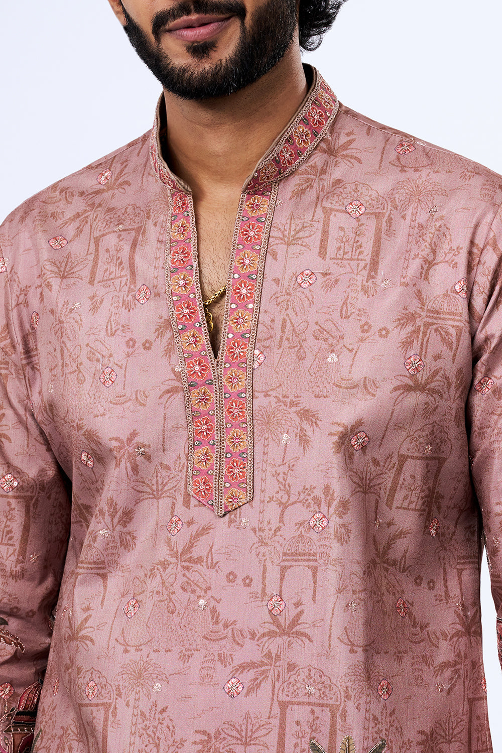 Taupe Polyester Cotton Heritage Procession Printed Kurta Set