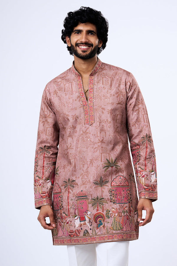 Taupe Polyester Cotton Heritage Procession Printed Kurta Set