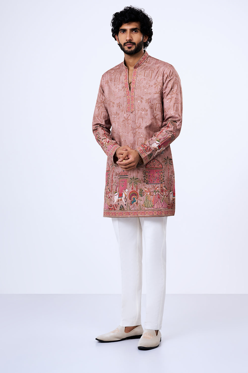 Taupe Polyester Cotton Heritage Procession Printed Kurta Set