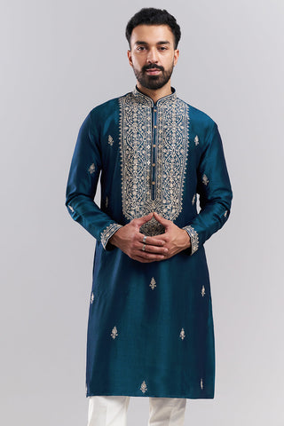 Teal Blue Art Silk Embroidered Men’s Kurta Set