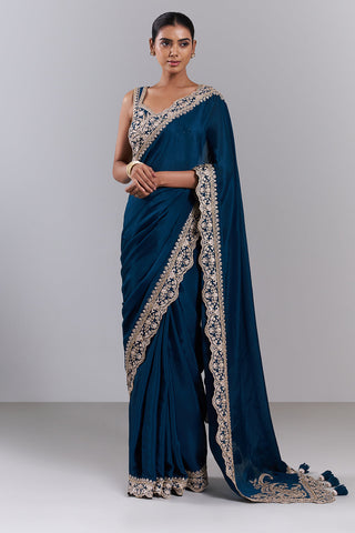Teal Blue Chiffon Embroidered Saree And Stitched Blouse