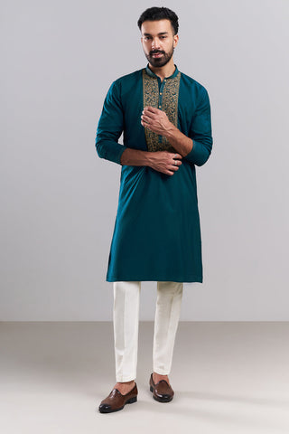 Teal Blue Linen Satin Embroidered Men’s Kurta Set