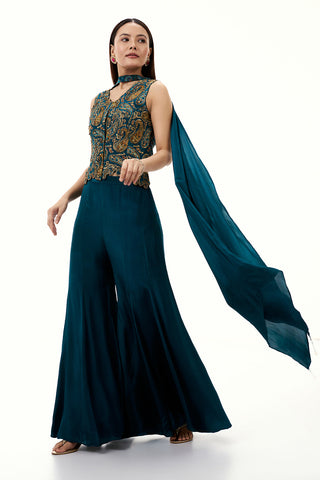 Teal Blue Satin Crepe Palazzo Suit with Sequin and Zari Work