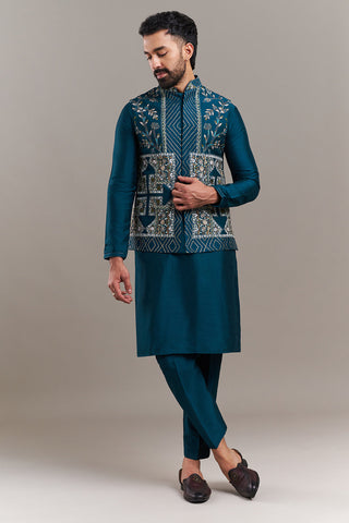 Teal Blue Silk Blend Geometric Panel Men's Kurta with Jacket