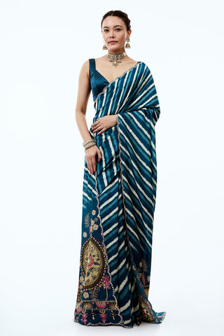 Teal Blue Silk Leheriya Saree with Floral Pallu and Unstitched Blouse