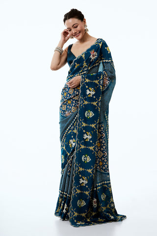 Teal Blue Silk Printed Saree with Traditional Motifs and Unstitched Blouse