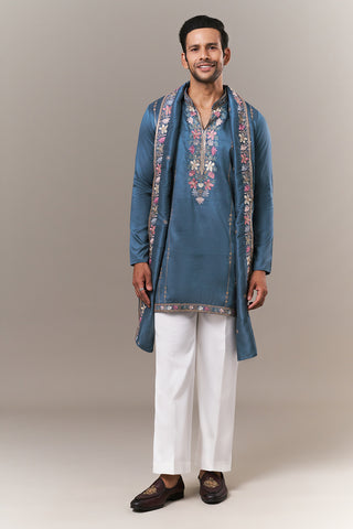 Teal Blue Tussar Silk Mens Kurta Set with Colourful Embroidery