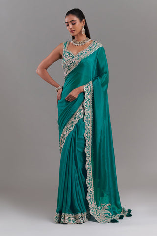 Teal Green Chiffon Saree with Stitched Blouse