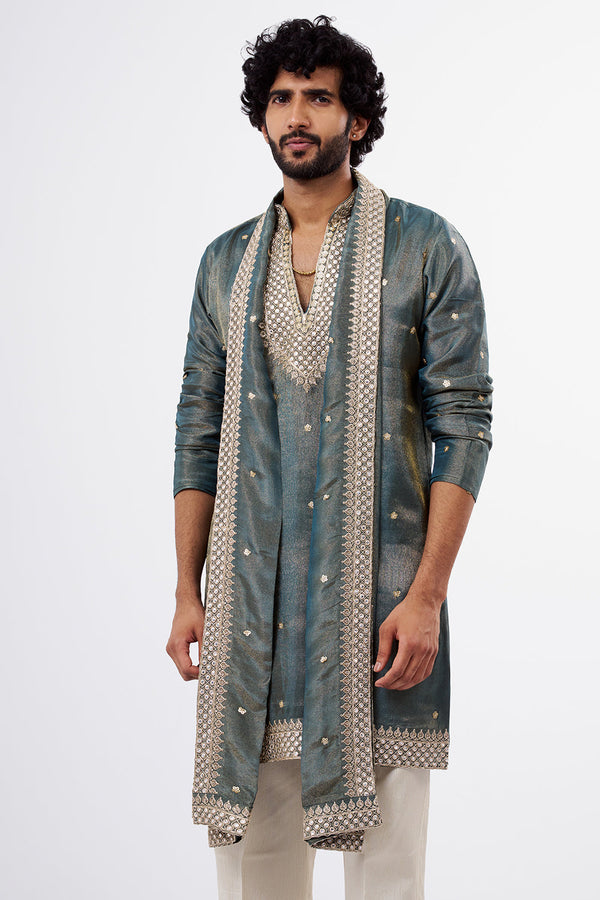 Teal Green Tissue Silk Men's Kurta Set with Zari Work