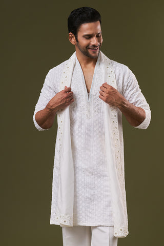 White Cotton Mens Kurta Set with Dori Sequins and Zardosi Work